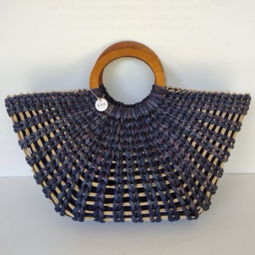 The Sak Black And Cream Woven Straw Tote with Wooden Handles